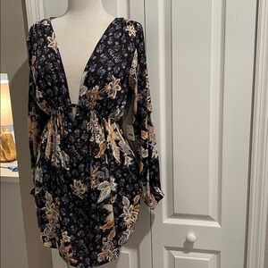 Free People Navy Floral Mini Dress with Yellow and Light Blue Print